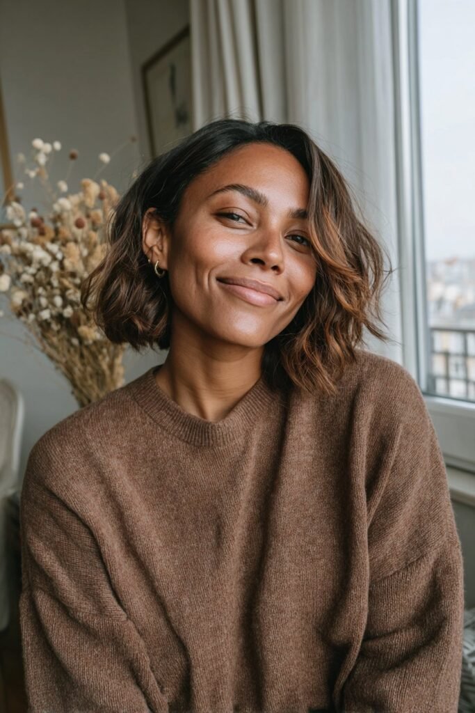 Black woman wearing a layered bob with warm copper balayage highlights.