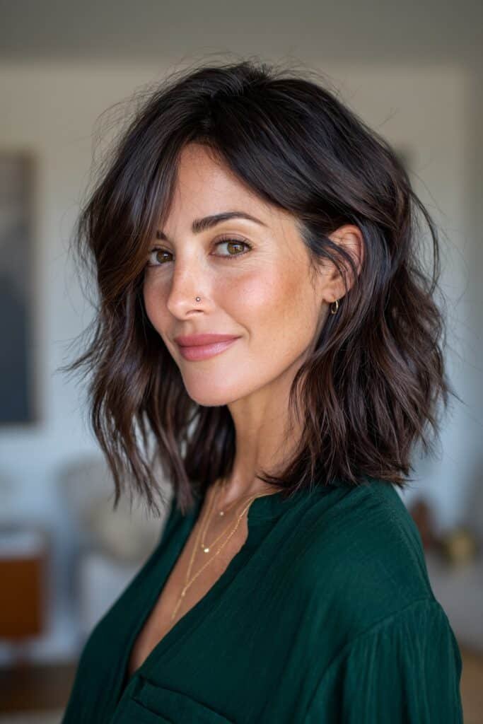 Shoulder-length lob with razor-sharp layers, sleek styling, and dimensional brunette hair for women over 50.
