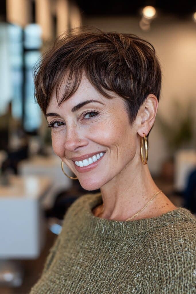 Long pixie haircut with a tapered nape, side-swept bangs, and glossy espresso brunette hair for women over 50.