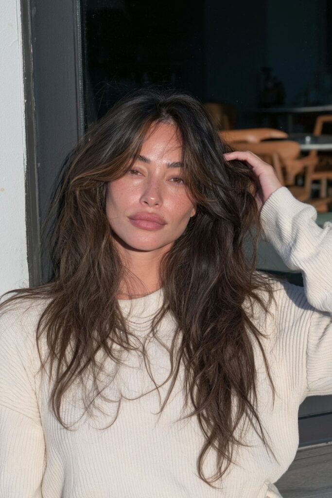 Long brunette wolf haircut with balanced face-framing layers, textured crown, and tapered ends for an oval face.