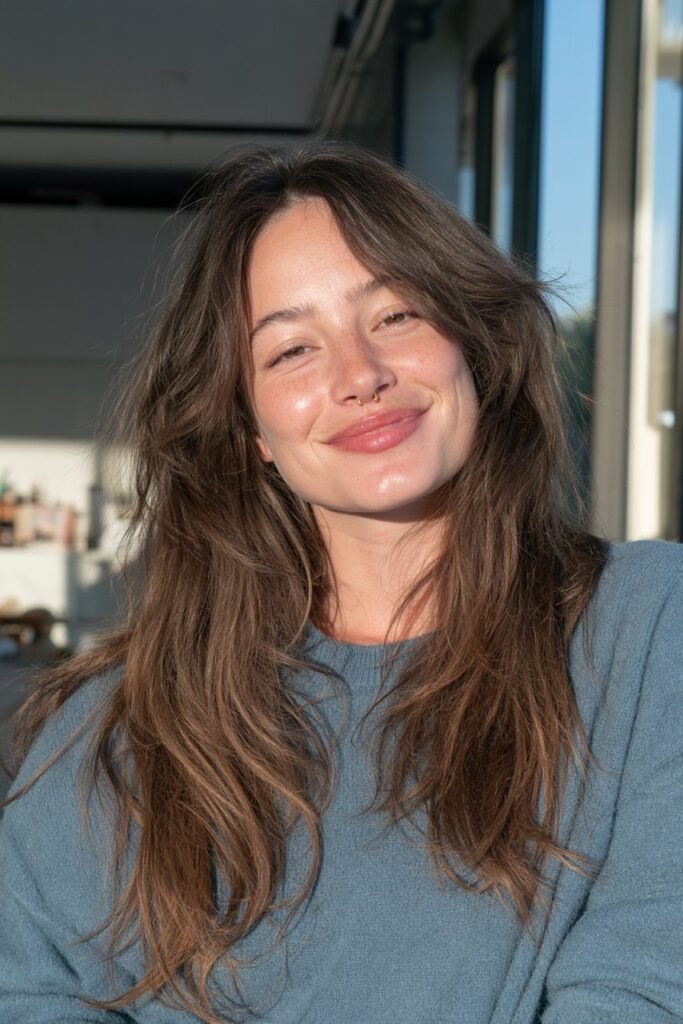 Long brunette wolf cut with face-framing layers around the cheeks and jawline for square or heart-shaped faces.