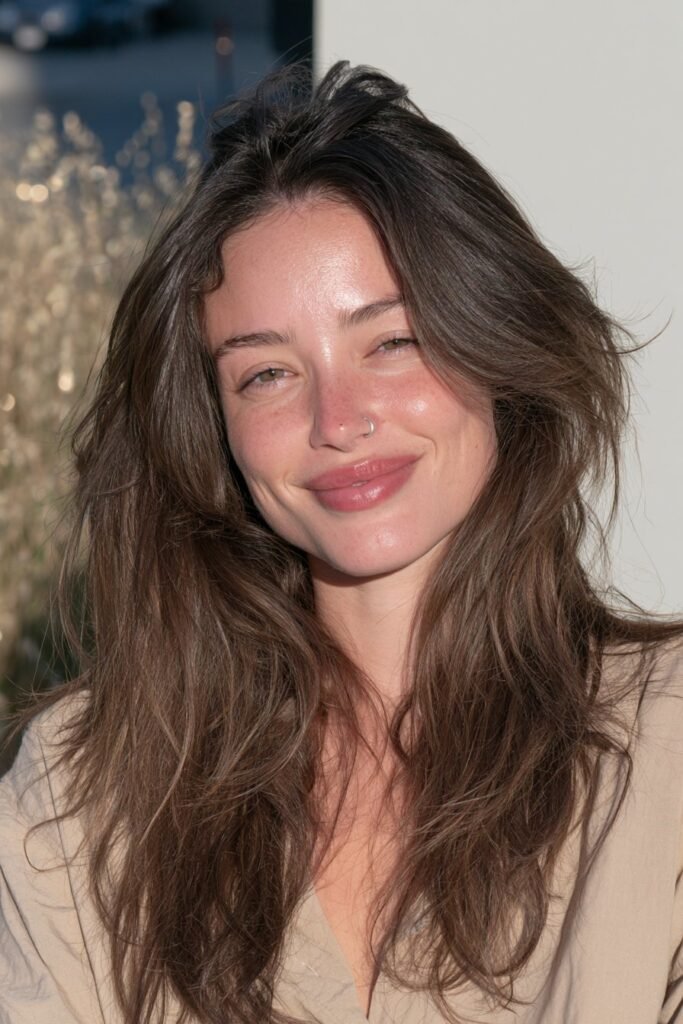 Long wolf cut for fine brunette hair featuring lightweight layers, a lifted crown, and airy feathered ends.