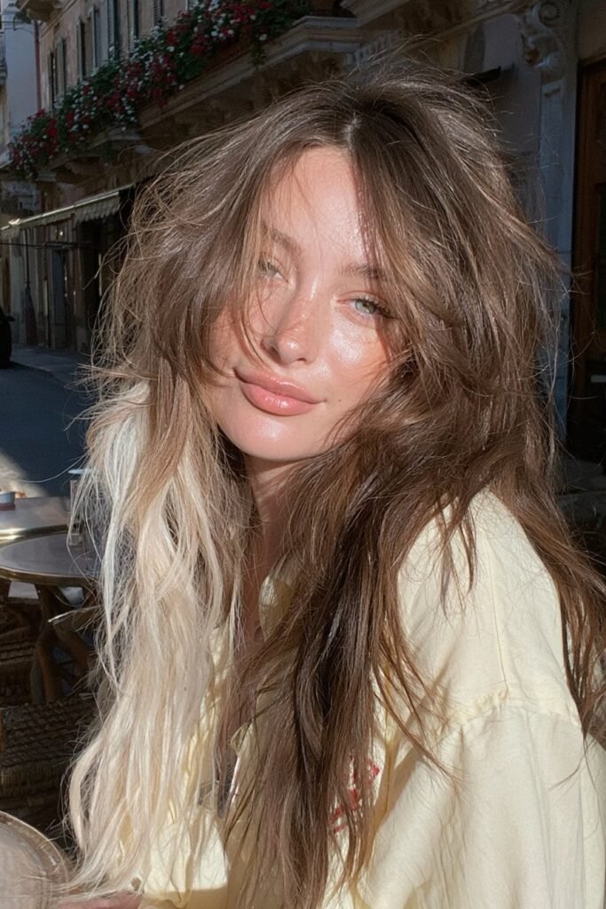 Long espresso brunette wolf cut with bold ash blonde money-piece highlights framing the face.