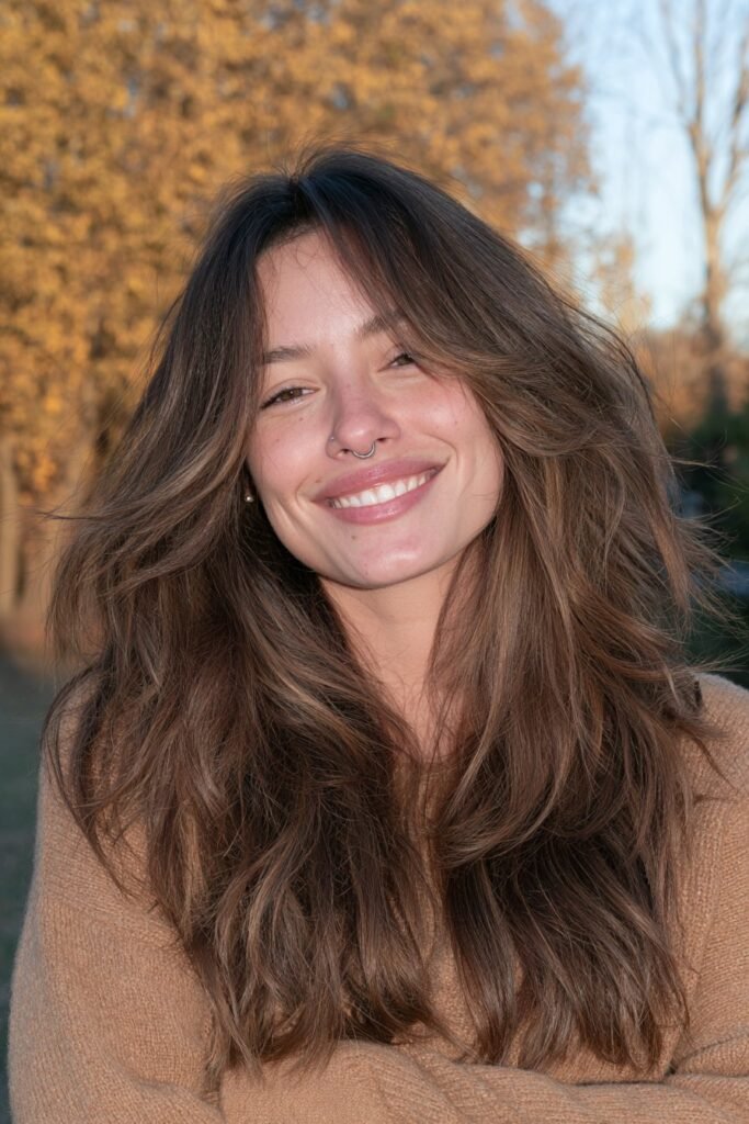 Long brunette wolf cut with warm caramel and honey balayage throughout the layered lengths.