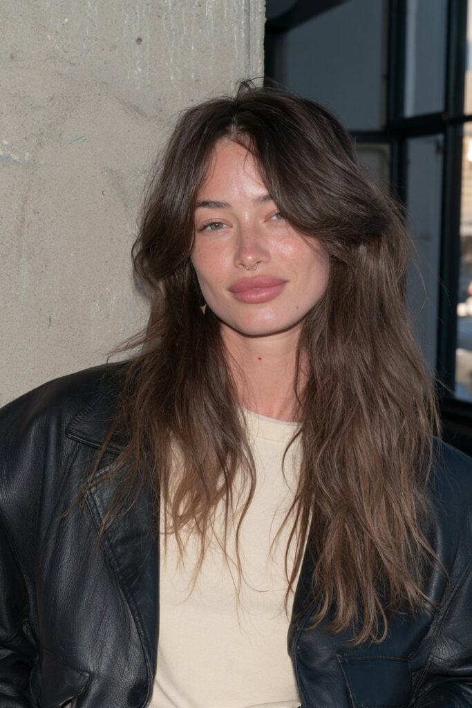 Long curly brunette wolf haircut with a textured crown, layered hairs, face-framing pieces, and tapered ends.
