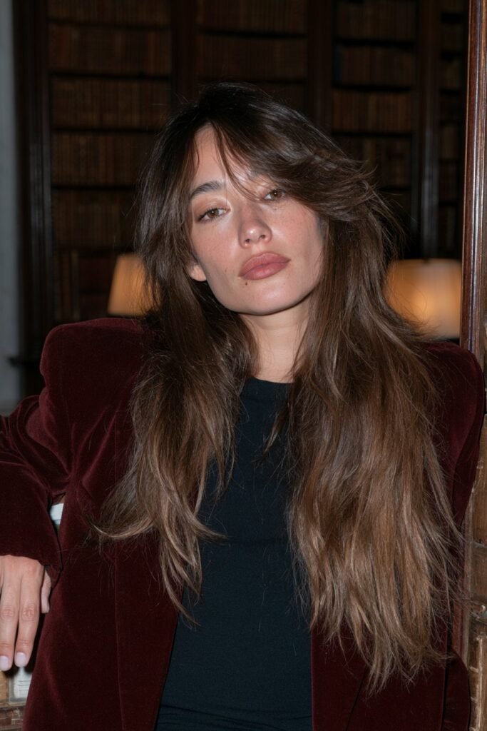 Long brown wolf haircut with a deep and dramatic side part, voluminous crown, sweeping fringe, and feathered layers.
