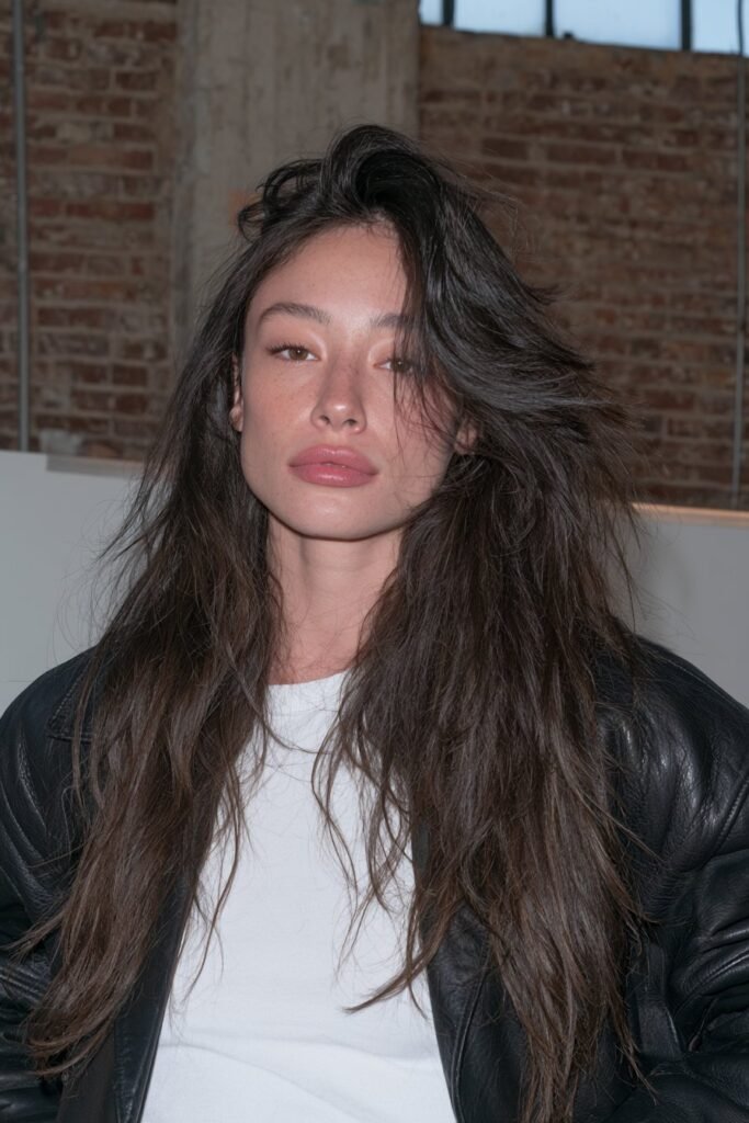 Long dark brunette wolf cut with a subtle shorter underlayer concealed beneath the long textured layers.