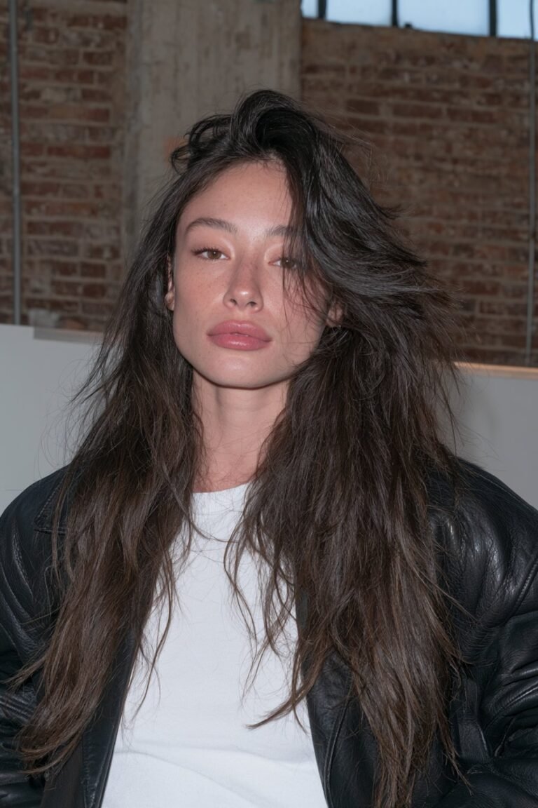 Long dark brunette wolf cut with a subtle shorter underlayer concealed beneath the long textured layers.