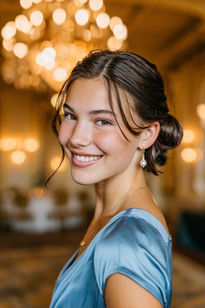 Short chin-length bob styled into a compact looped updo with neatly pinned loops and soft face-framing pieces for homecoming.