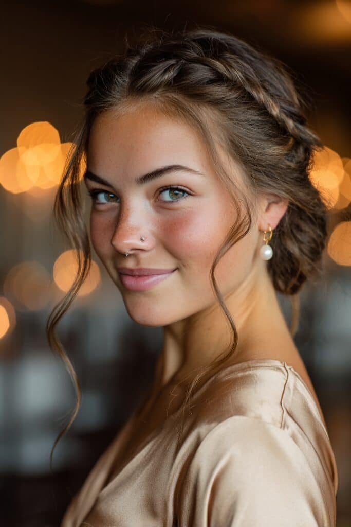 Loose side braid flowing into a textured braided bun with romantic strands for an elegant homecoming hairstyle.