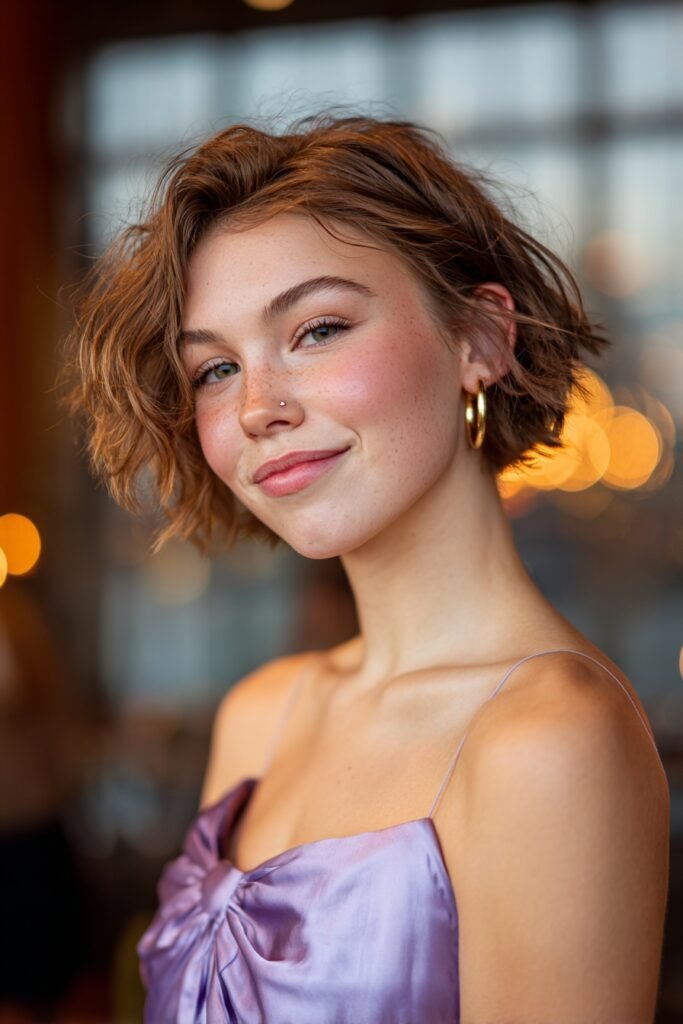 Short chin-length bob with tousled loose waves, airy texture, and natural volume for a modern homecoming hairstyle.