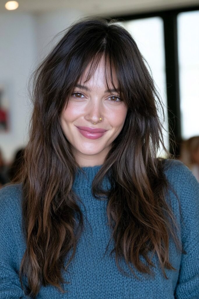 Long dark brown wolf haircut with relaxed choppy layers, natural texture, and effortless feathered ends.