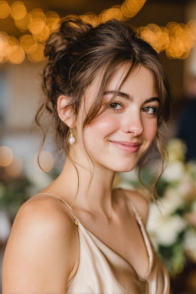 Romantic low messy bun with soft face-framing tendrils and loose texture for an elegant homecoming hairstyle.