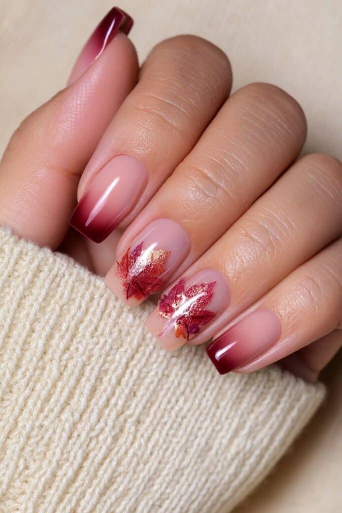Short nude nails with a maple leaf autumn accent.