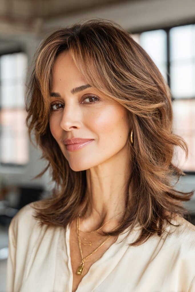 Medium feathered layered haircut with caramel and mocha highlights adding movement and dimension to brunette hair.