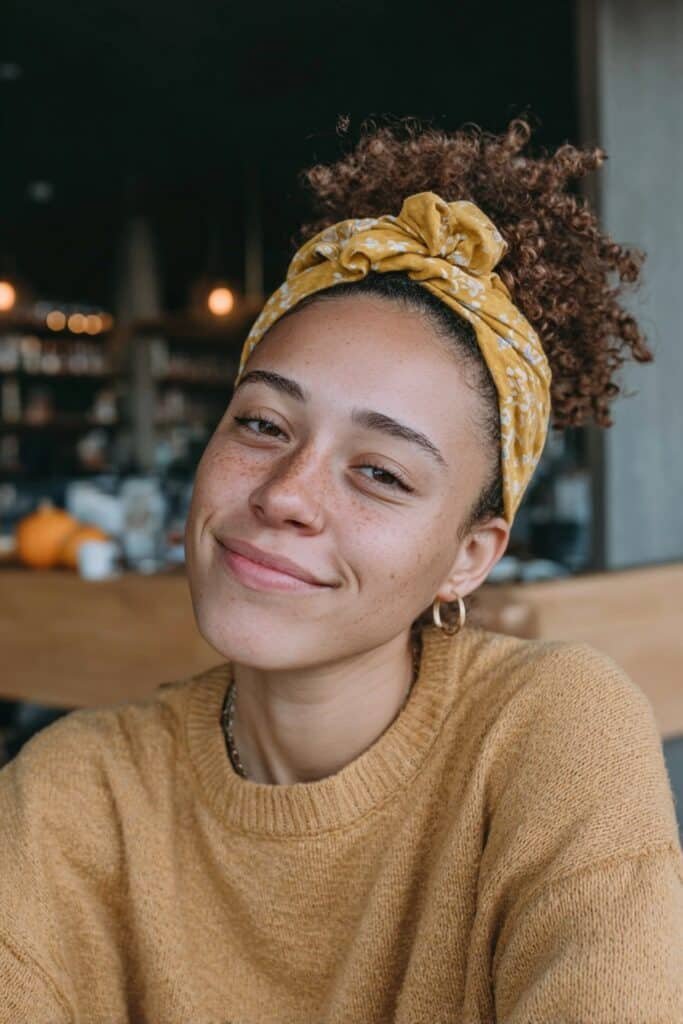 Black woman wearing defined medium-length curls with a textured autumn headband.