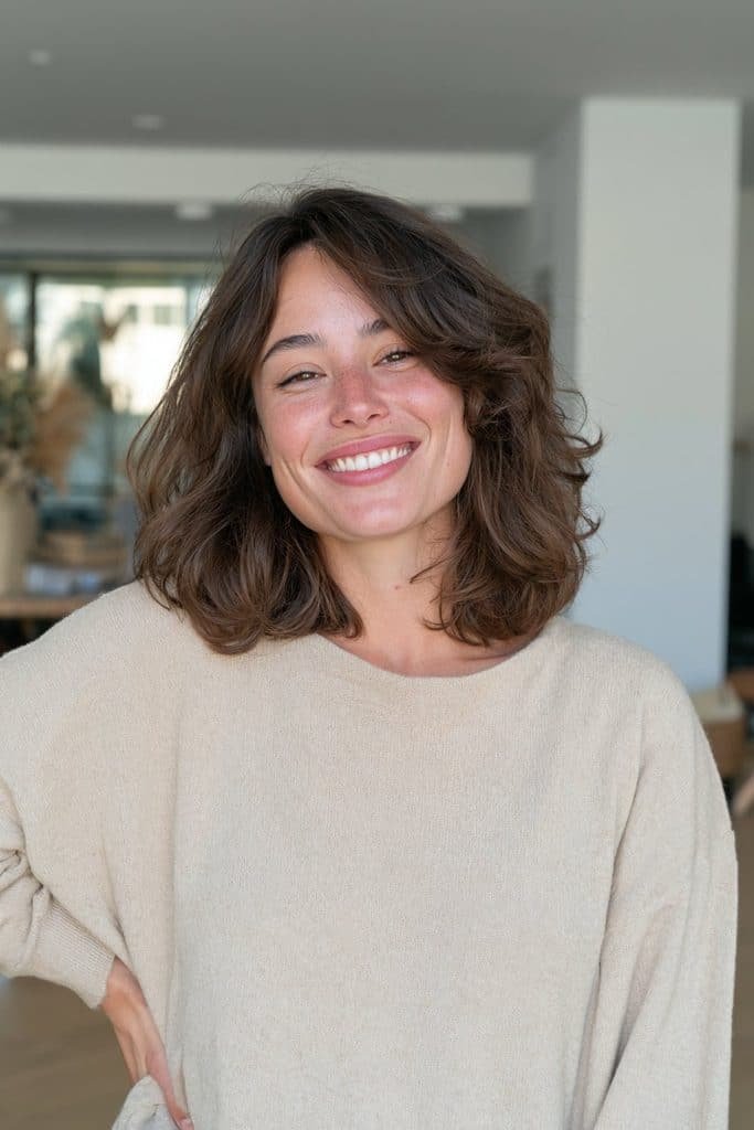Young woman with a medium-length chestnut-brown jellyfish haircut and soft waves.