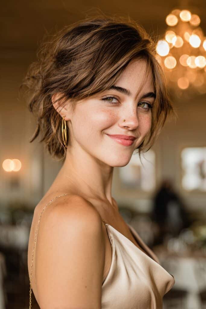 Short textured bob styled into a messy low updo with pinned sections, airy volume, and wispy strands for homecoming.