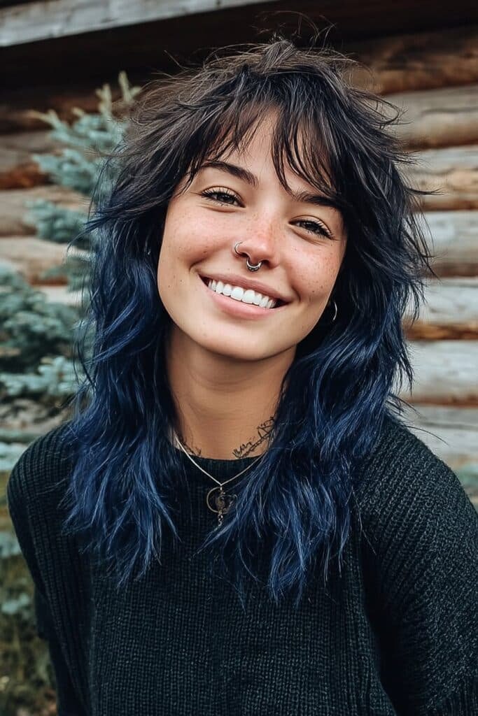 Medium close-up portrait highlighting a textured midnight blue shag with bangs
