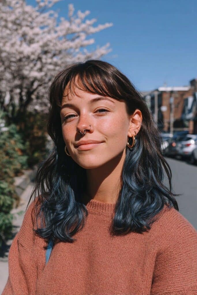 Medium close-up portrait featuring midnight blue layers with soft curtain bangs