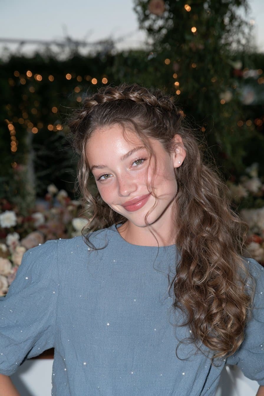 Young woman with a milkmaid braid crown and soft cascading curls