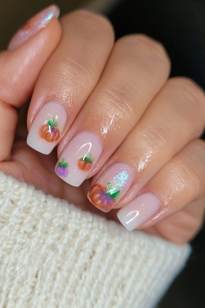 Short milky white nails with pastel orange and lavender pumpkin accents.