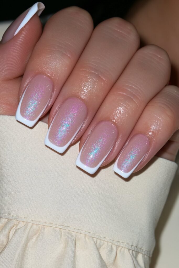 Short milky nude chrome nails with crisp white French tips.