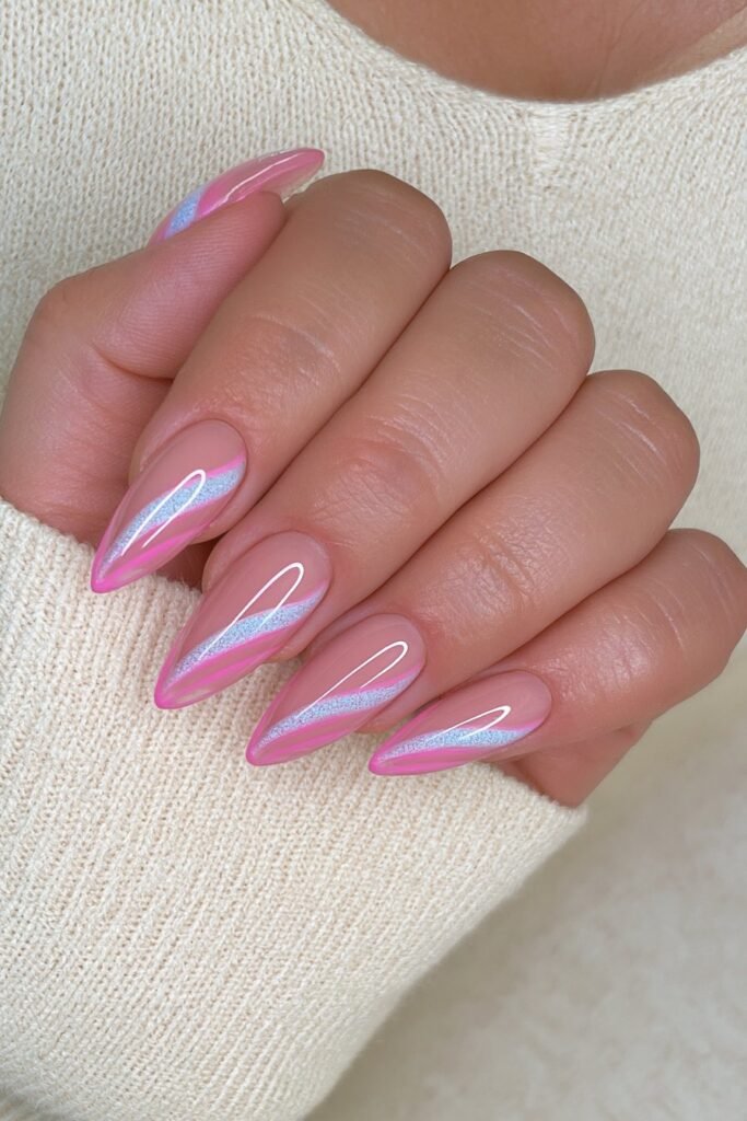 Milky pink nails with delicate white patterns.