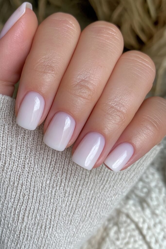 Short milky white nails with a clean glossy finish.