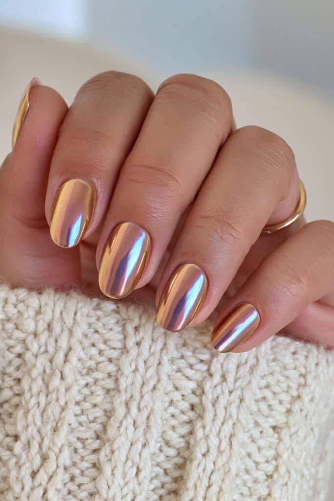 Short nude nails with a mirror chrome accent.
