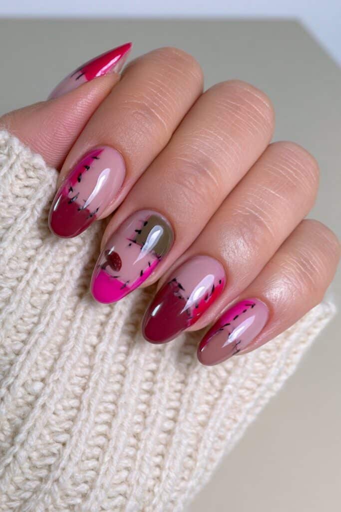 Short nails in espresso, burgundy, caramel, olive, and beige tones.