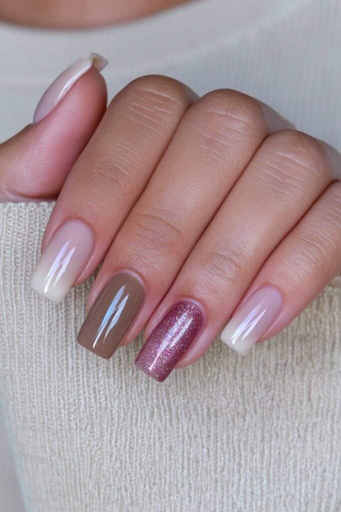 Short neutral nails in cream, taupe, caramel, and mocha shades.