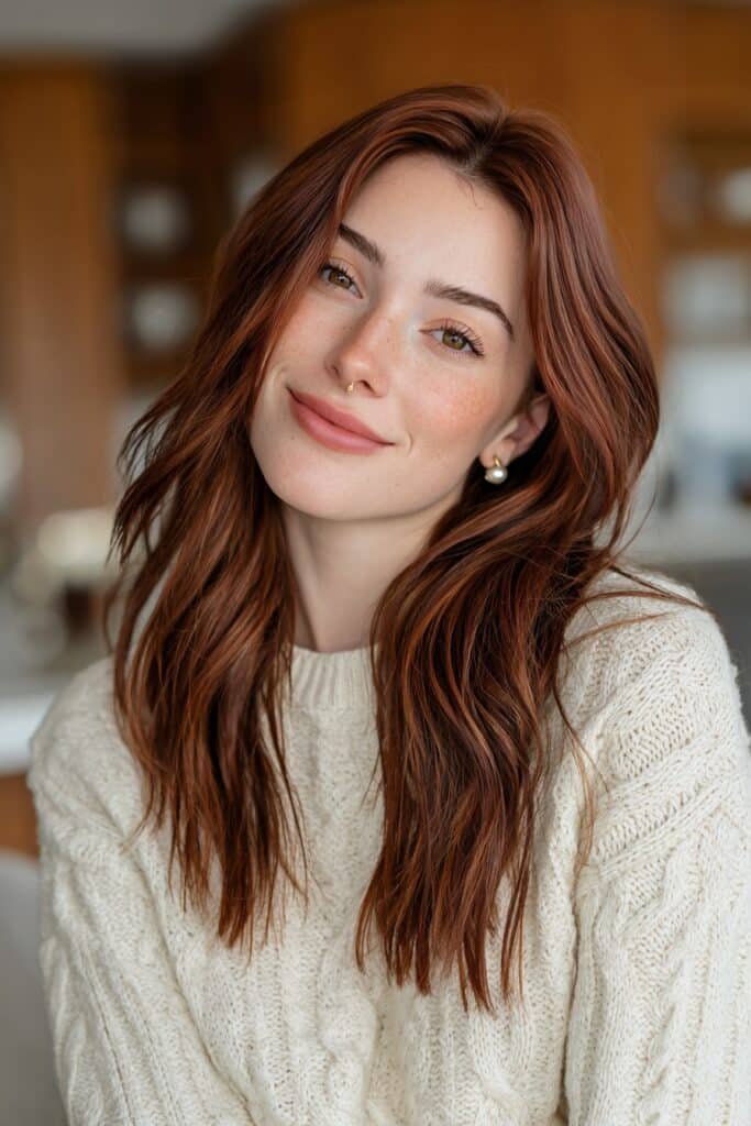 Young woman with mocha rose hair featuring rich mocha brown shades blended with subtle rosy undertones and glossy layers.