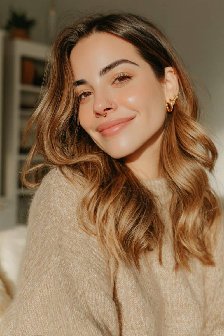 Long mocha-to-toffee ombré hairstyle featuring deep mocha roots that melt into warm toffee blonde ends with glossy waves.