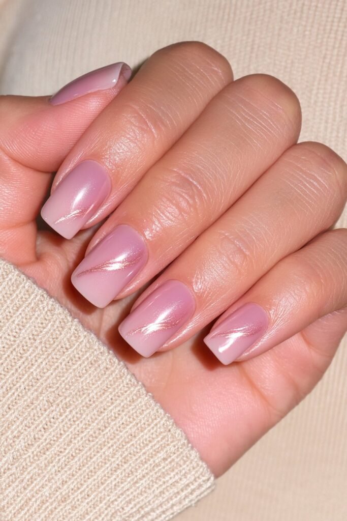 Short neutral nails with metallic gold vein accents.