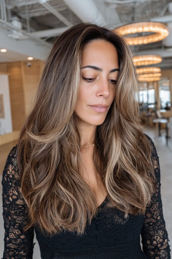 Dark brown hair with bold caramel money-piece highlights framing the face.