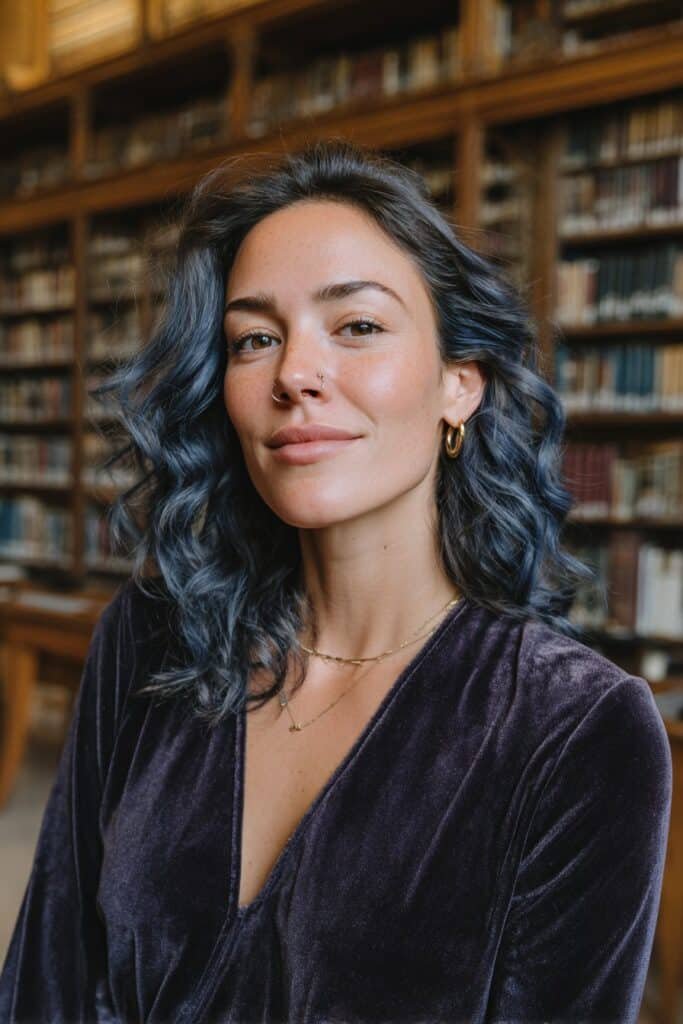 Medium close-up portrait showcasing dark indigo ombré waves with rich color
