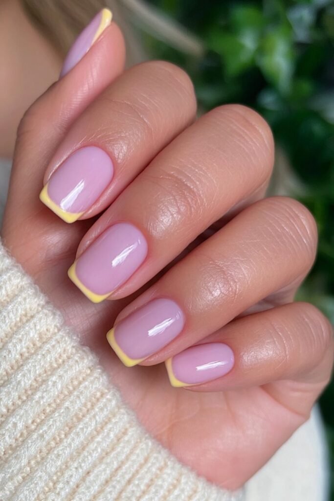 Short nude nails with mustard yellow micro French tips.