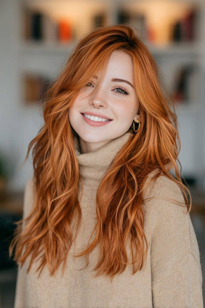 Woman with muted copper rose hair featuring soft brunette roots fading into warm copper and rosy tones with natural shine.