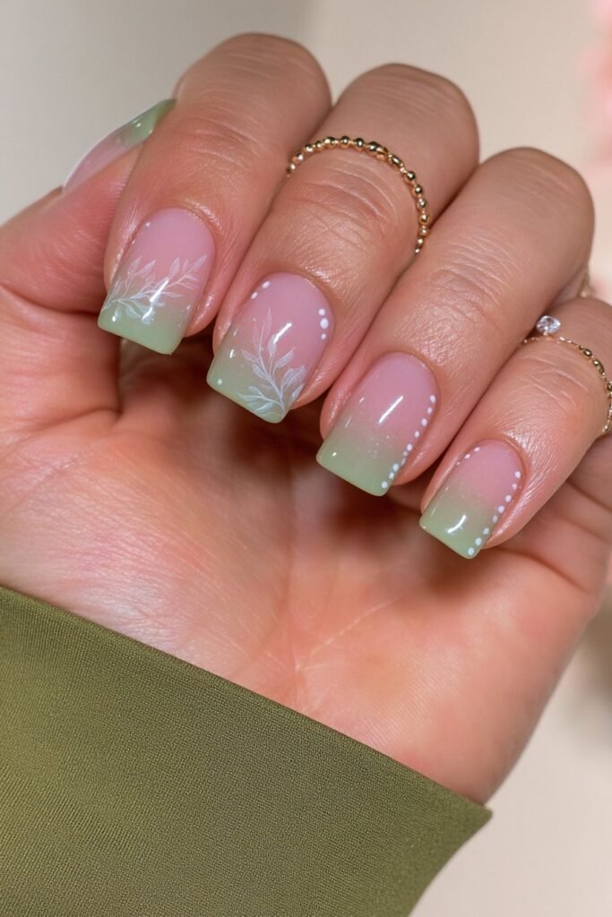 Short olive green nails inspired by August's birthstone.