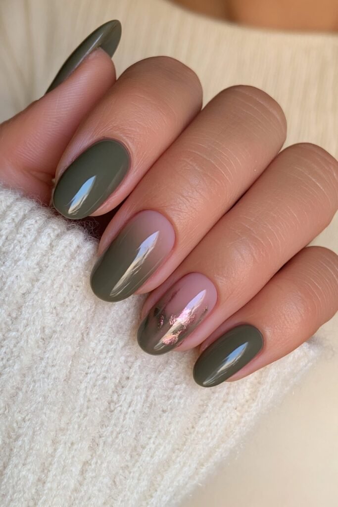 Short olive green nails with a soft matte finish.