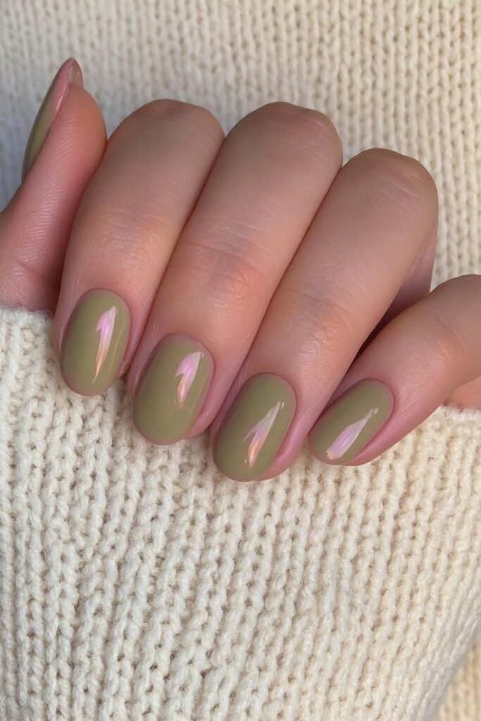 Short olive green nails with a refined glossy finish.