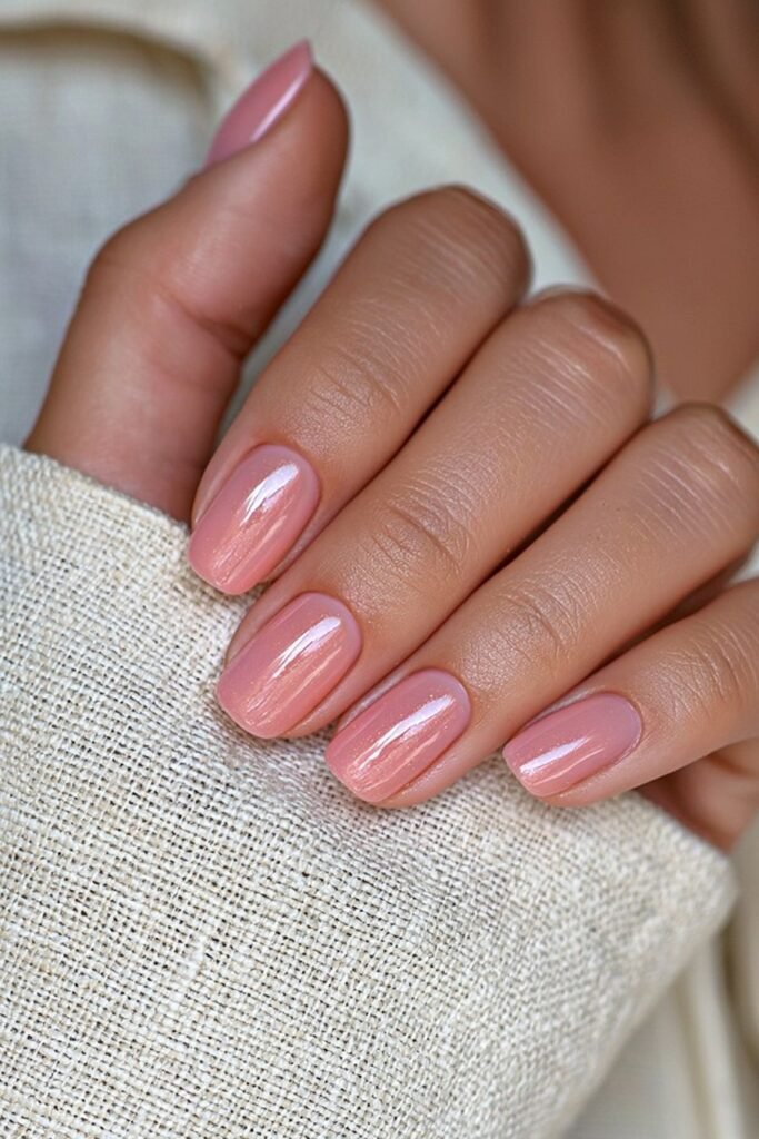 Short peach jelly nails with a glass-like glossy finish.