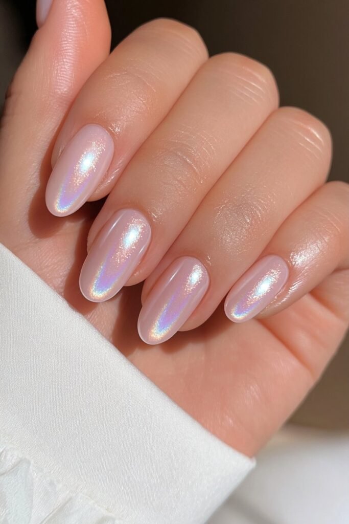Short pearl chrome nails with luminous iridescent shine.