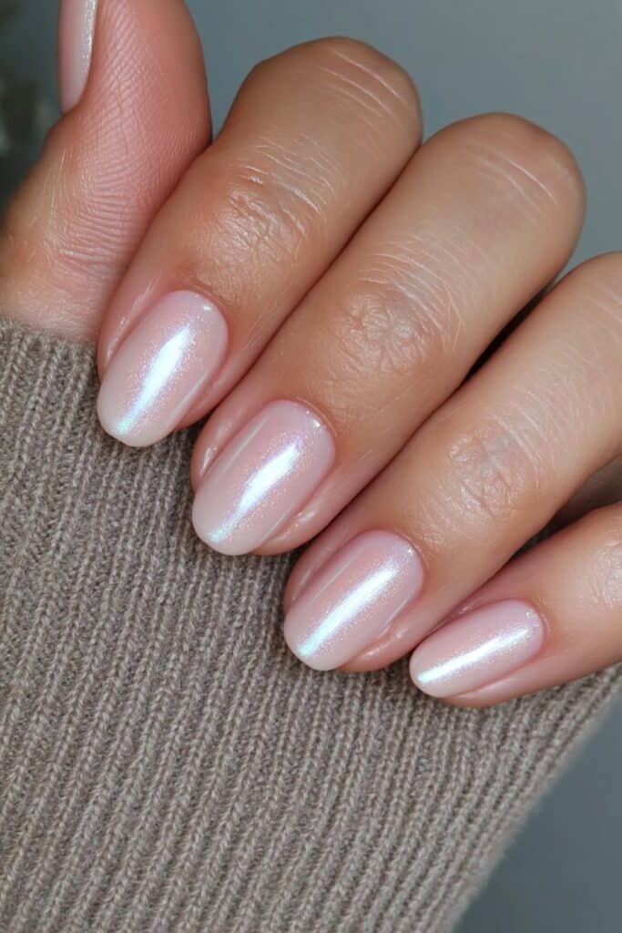 Short pearlescent beige nails with a luminous shimmer.