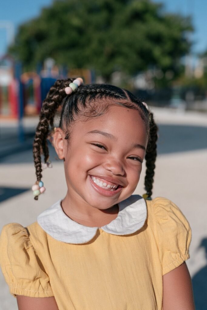 Black girl with braided pigtails decorated with colorful beads