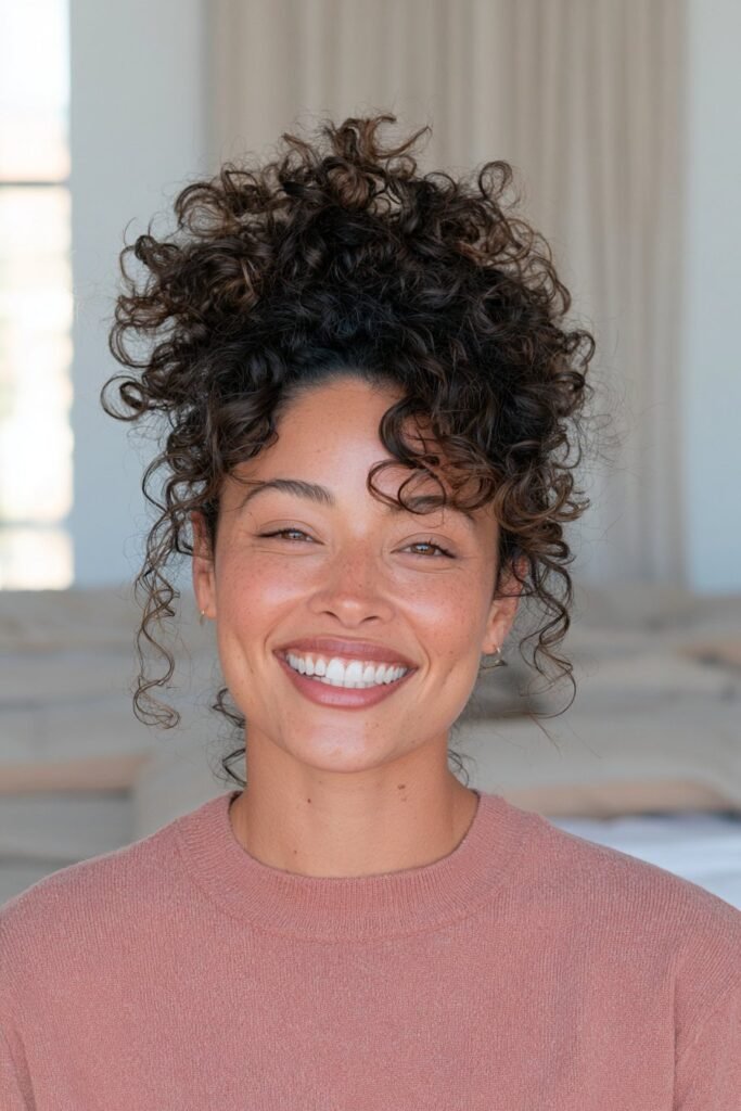 Woman in her 20s with a voluminous pineapple updo and loose curls