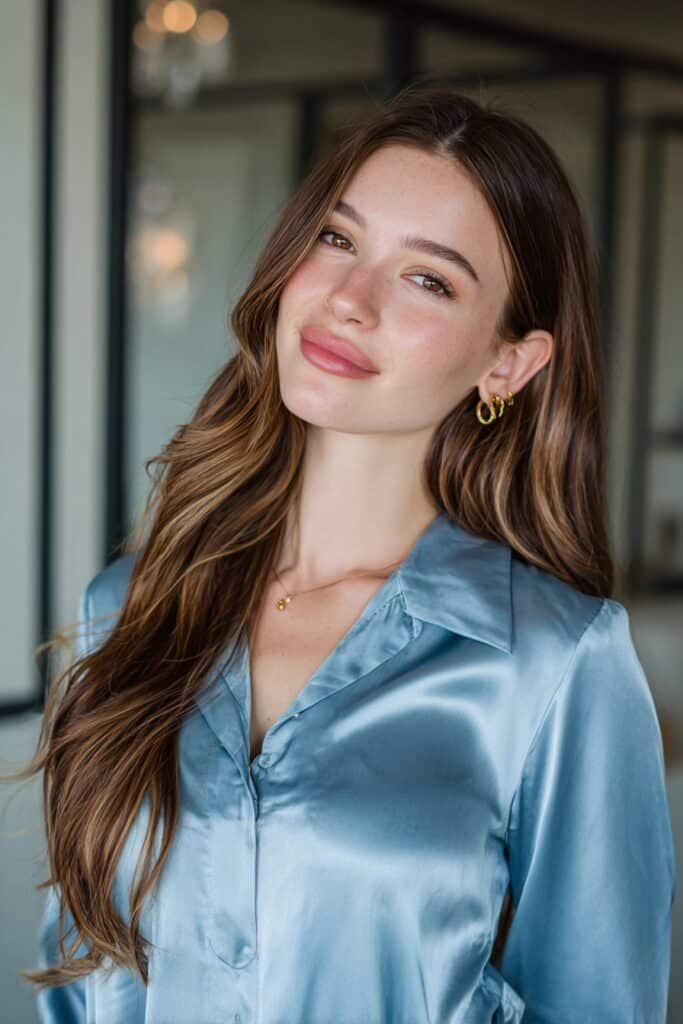 Espresso brown hair with subtle pink-kissed highlights creating a sophisticated brunette hairstyle with natural shine.