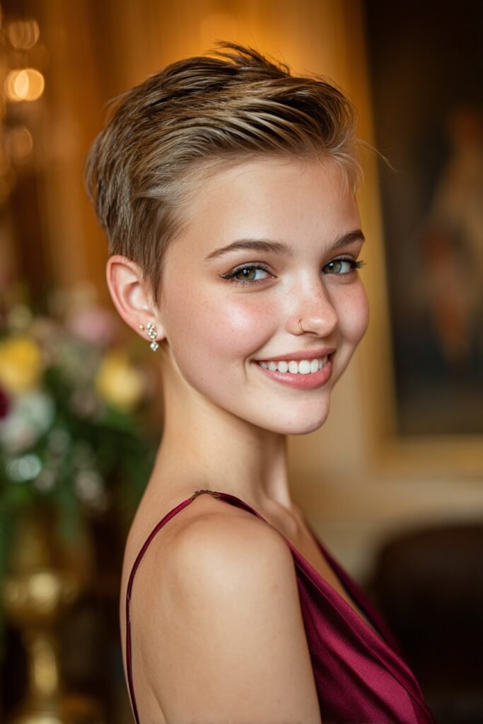 Short pixie haircut styled into a sleek slicked-back look with glossy texture and subtle crown volume for homecoming.