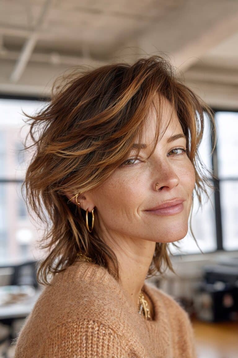 Modern refreshed mullet hairstyle with feathered layers, crown volume, and caramel brunette highlights on a woman over 50.